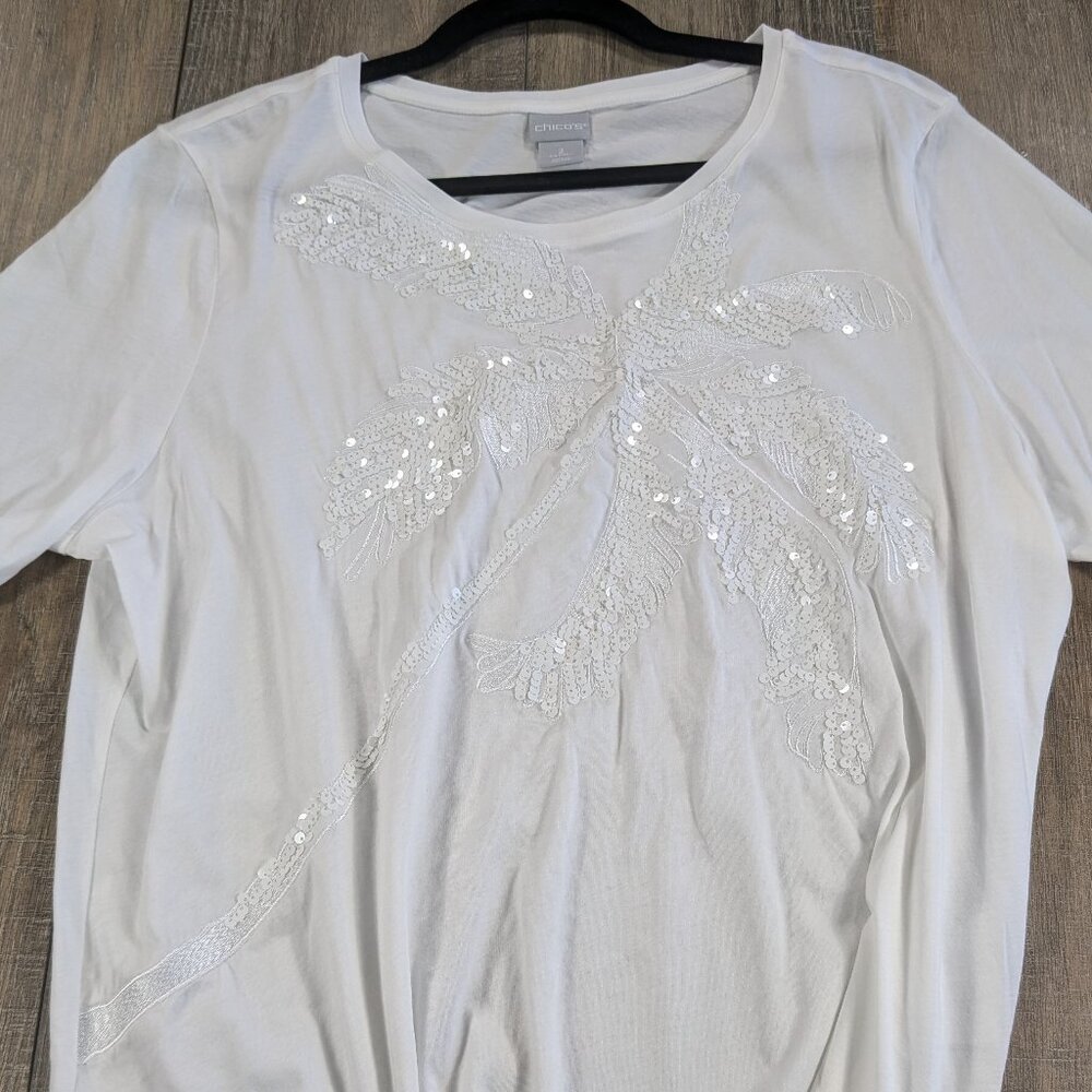 Chico's White Short Sleeve Tee with Sequin Palm Design